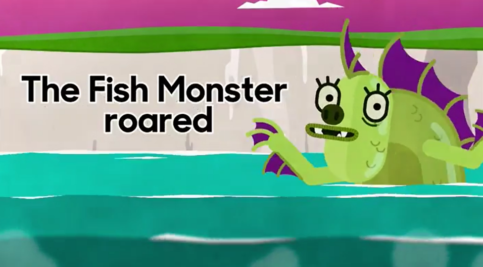 Cartoon illustration the shows a splendid sea monster appearing out of a teal-coloured sea. It has green scales, purple fins and the most gorgeous eyelashes. Behind it is a cliff beneath an ominous maroon sky that contains a single cloud. The words 'The Fish Monster Roared' are displayed on the cliff walls.