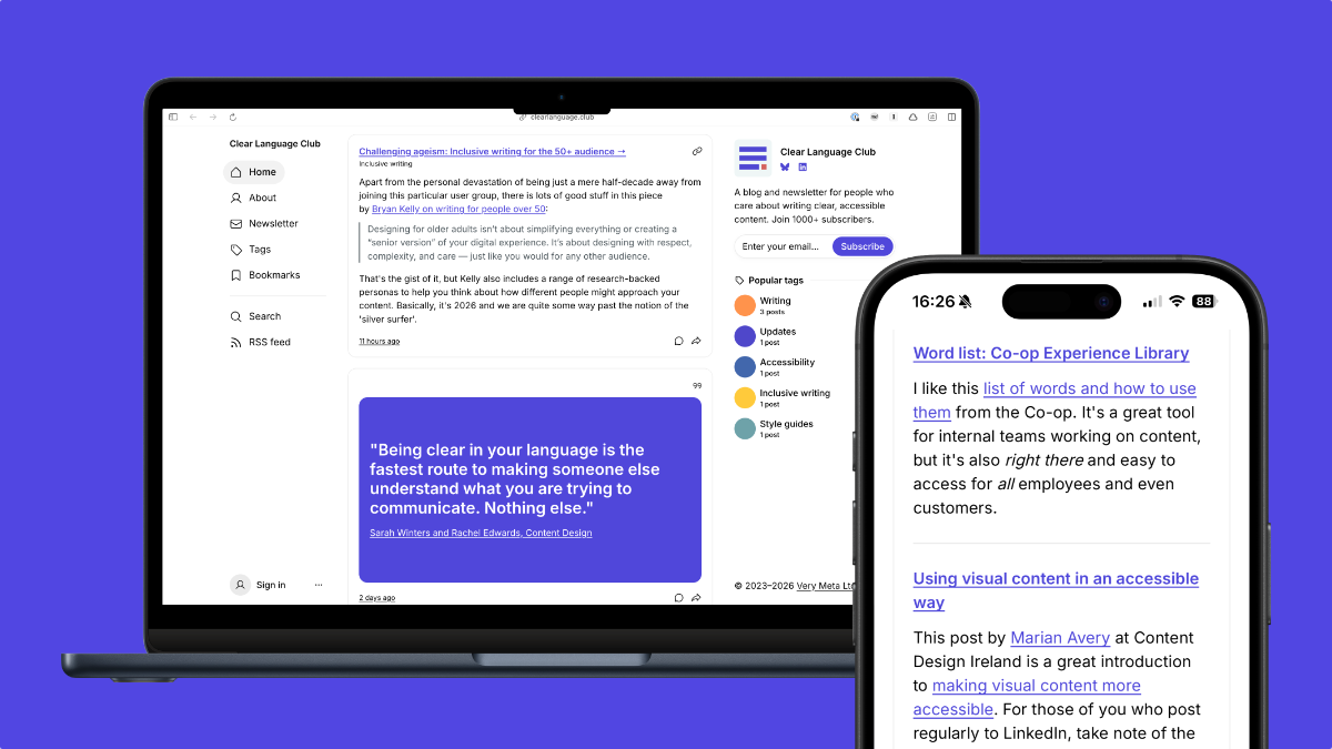 Screenshots of the Clear Language Club homepage on a phone and a laptop