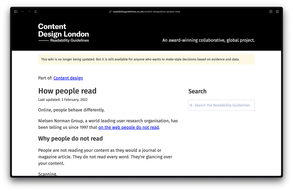 Screenshot of an article called How people read on Content Design London's Readability Guidelines